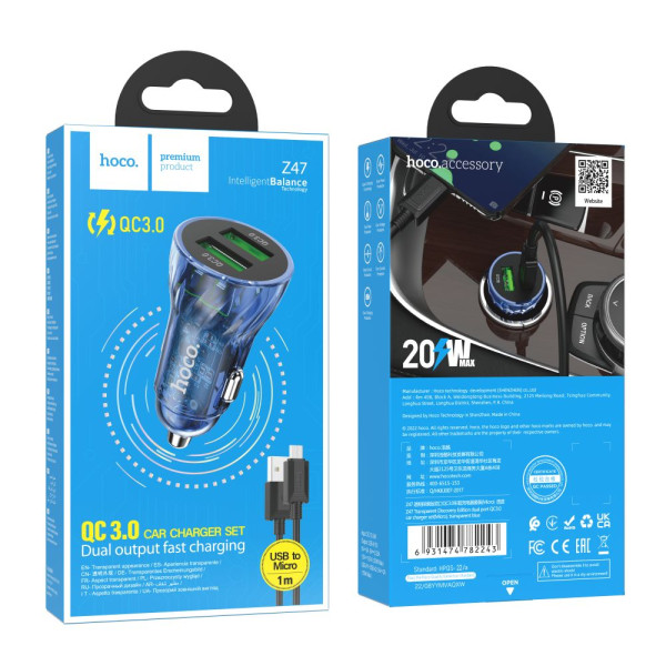 Авто Зарядное Устройство Hoco Z47 Transparent QC3.0 18W Micro Прозрачный черный