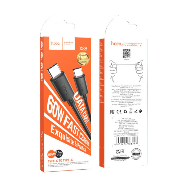 Кабель USB Hoco X88 Gratified 60W Type-C to Type-C Чорний