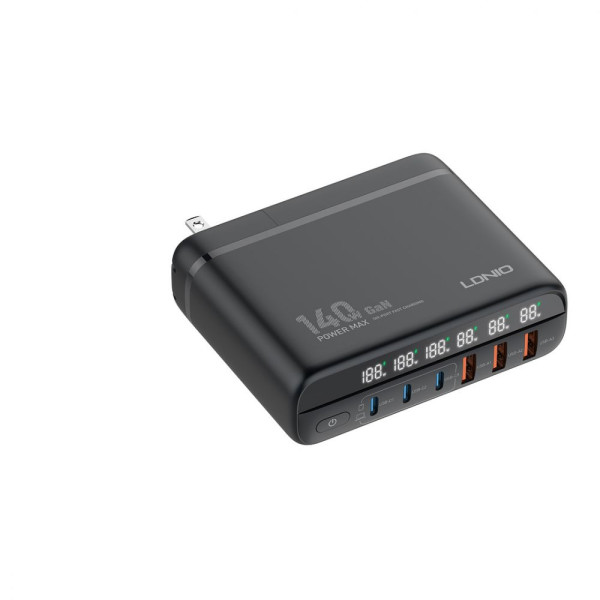 Сетевое Зарядное Устройство LDNIO A6140C 3USB/3USB-C GAN (100W+40W)140W LED Display 1.5m Черный