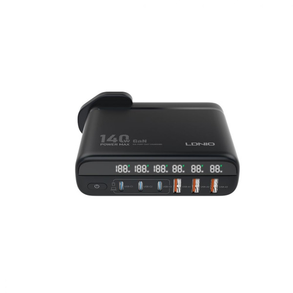 Сетевое Зарядное Устройство LDNIO A6140C 3USB/3USB-C GAN (100W+40W)140W LED Display 1.5m Черный