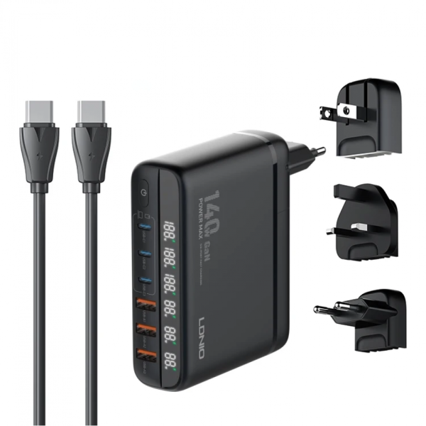 Сетевое Зарядное Устройство LDNIO A6140C 3USB/3USB-C GAN (100W+40W)140W LED Display 1.5m Черный