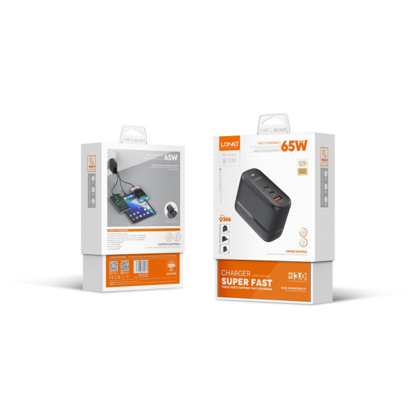 Сетевое Зарядное Устройство LDNIO Q366 1USB/2USB-C GAN PD65W+Type-C to Type-C Черный