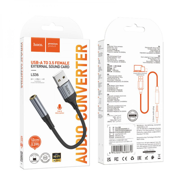 Перехідник Hoco LS36 Sound Card USB to AUX 3.5mm (female) 12cm Чорний