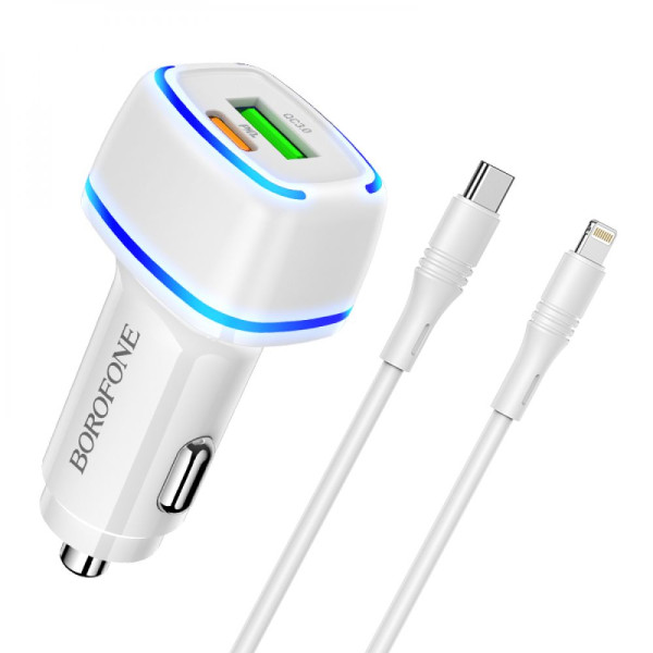 Авто Зарядное Устройство Borofone BZ14A PD20W+QC3.0 Type-C to Lightning 3A Белый