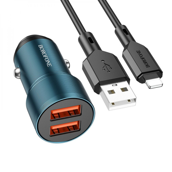 Автомобільний Зарядний Пристрій Borofone BZ19 Wisdom Lightning 2.4A Сапфірово-синій